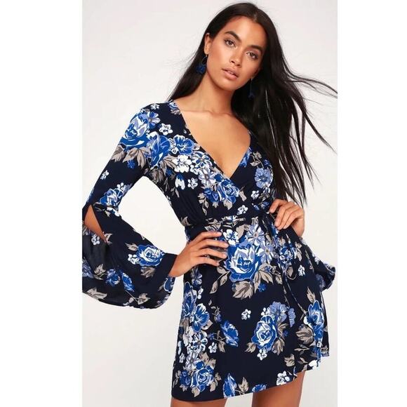 Lulus Once and Floral Navy Blue Floral Print Bell Sleeve Wrap Dress - Picture 3 of 7